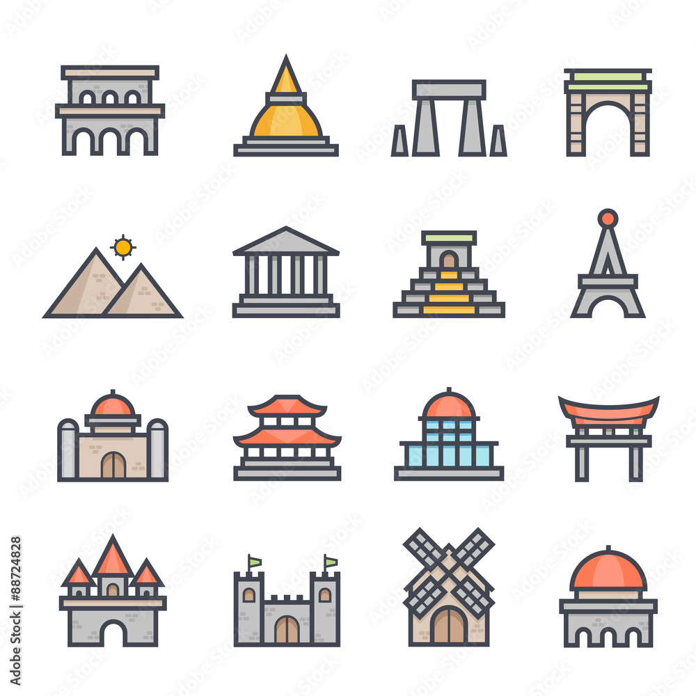 Landmark Icon Bold Stroke with Color on White Background. Vector Illustration
