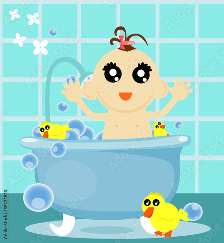 Illustration of a baby takes a bath and play with ducks.