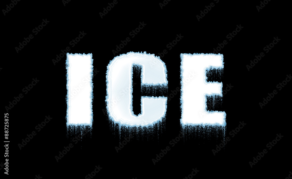 Word Ice on black background in cold, white icy letters. Illustration