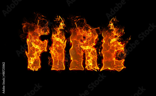 Word Fire on black background in red, hot, fiery, burning letters. Illustration; heat; fire texture.