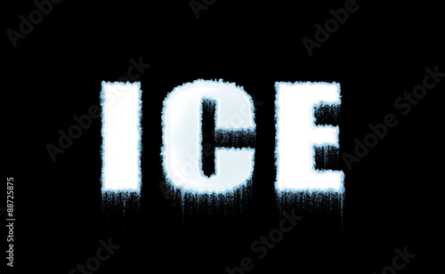 Word Ice on black background in cold, white icy letters. Illustration. Cold, frost.