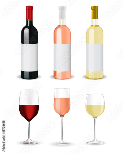 Bottles of wine and glasses - red wine, white wine, and rose