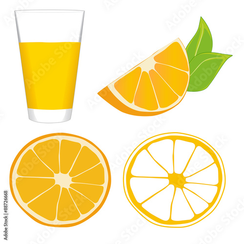Glass of orange juice, slice of orange, wedge of orange