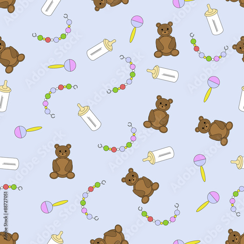 seamless pattern with children's items, illustration with baby items on a blue background