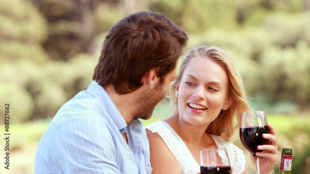 Happy couple discussing and holding a red wine glass Happy couple discussing and holding a red wine glass