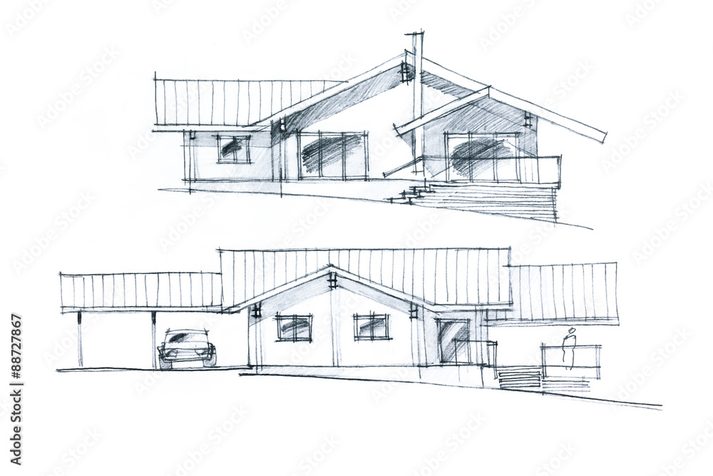 hand drawing of a house plan with stairs and parking place in two pictures 