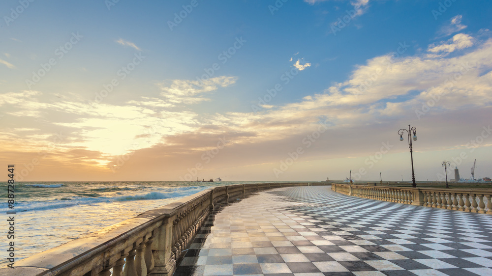 Terrace Mascagni in Livorno, viewpoint along the sea with the ch