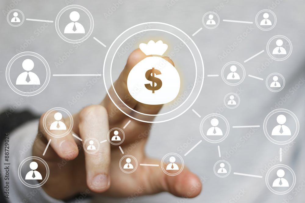 Businessman push button with dollar currency online sign Businessman push button with dollar currency online sign