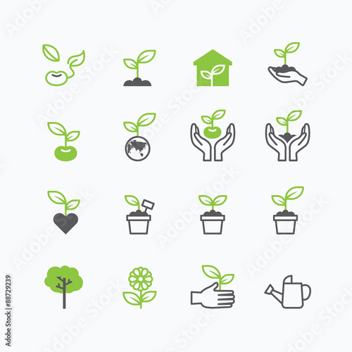plant and sprout growing icons flat line design vector.