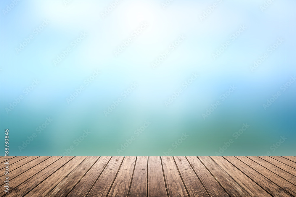 wooden floor with sky blurred background wooden floor with sky blurred background