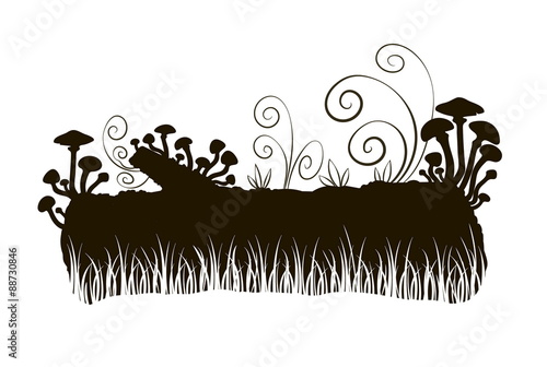 silhouette of a fabulous mushrooms on a log in the grass