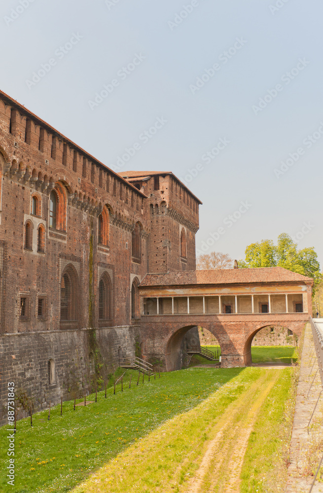 Tower and covered bridge of Sforza Castle (XV c.) in Milan