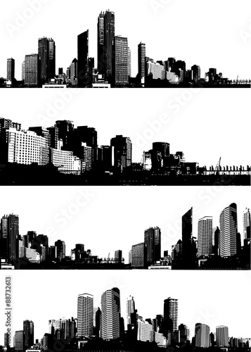 Set of black and white panorama cities. Vector art