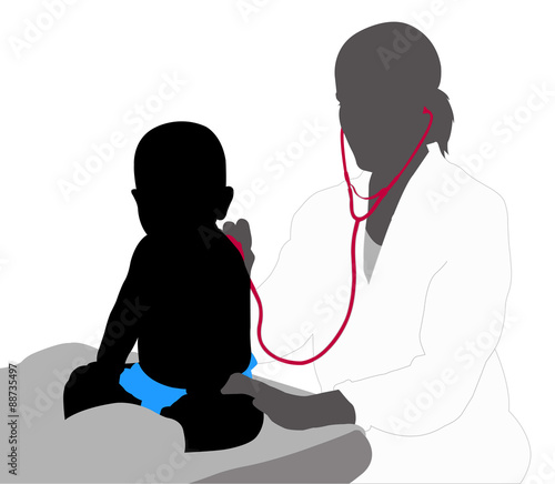 Pediatrician examining of baby with stethoscope silhouette -  vector