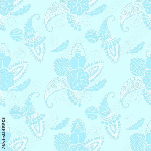 seamless pattern with paisley and flowers on cyan background