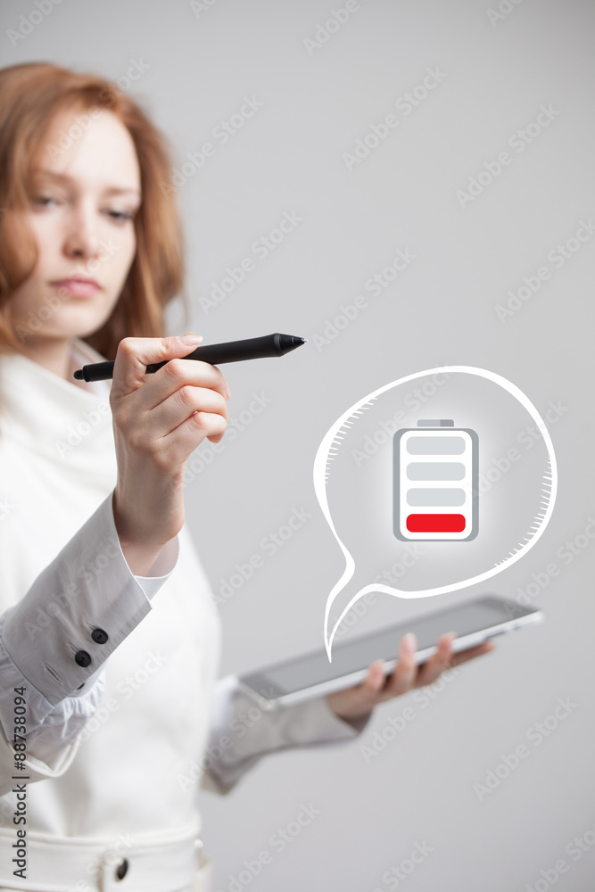 Woman holding tablet and pen, battery level icon Woman holding tablet and pen, battery level icon
