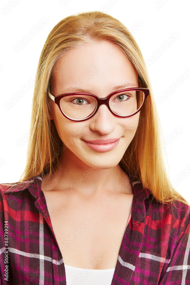 Lächelnde junge Frau mit Nerd Brille Stock Photo | Adobe Stock