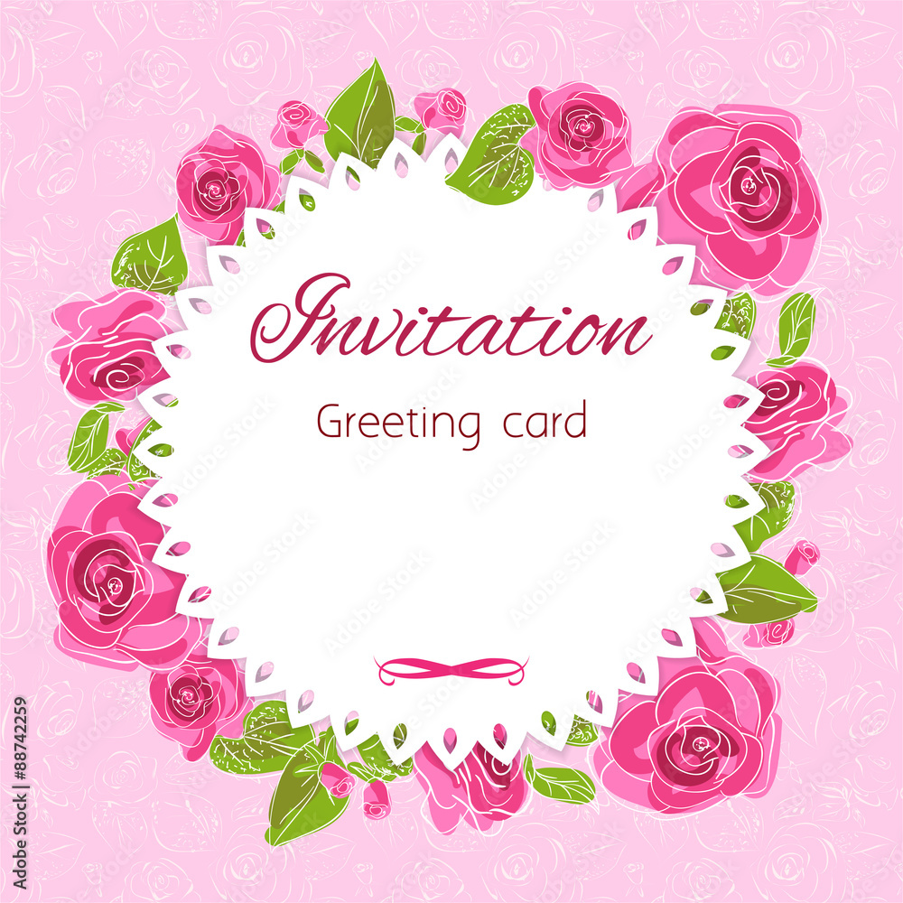 Romantic flower greeting card with roses and copy space