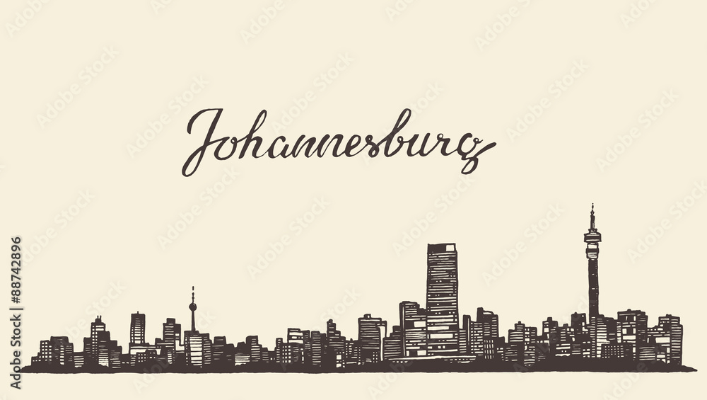 Naklejka premium Grawerowany szkic wektor panoramę Johannesburga