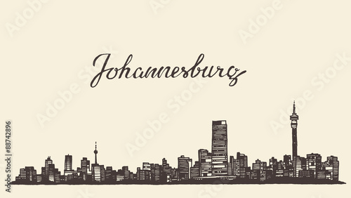 Johannesburg skyline vector engraved drawn sketch