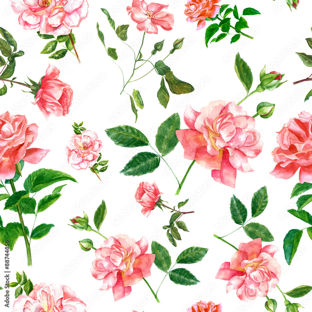 Vintage style watercolour roses seamless background pattern