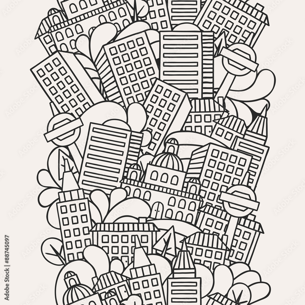 Town seamless pattern with hand drawn houses