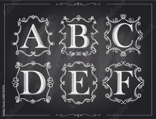 Blackboard chalk vintage calligraphic letters in monogram retro frames, alphabet logos
