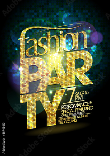 Fashion party vector poster with gold crystal headline