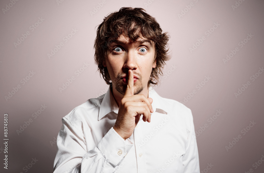 Closeup portrait of handsome young shocked business man, silent Closeup portrait of handsome young shocked business man, silent