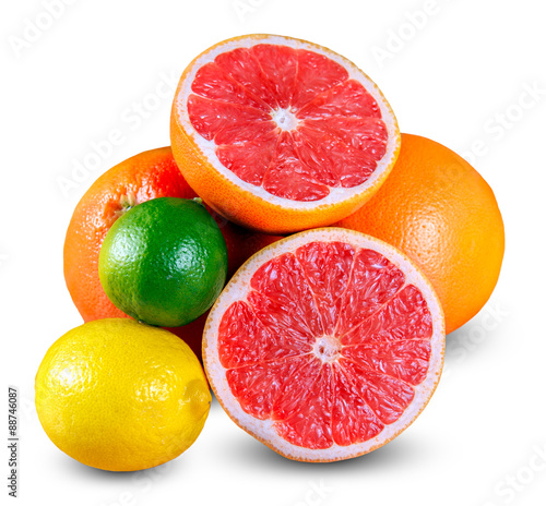 Fresh Grapefruit juicy slice. witch Green  Yellow Lime. isolated on white