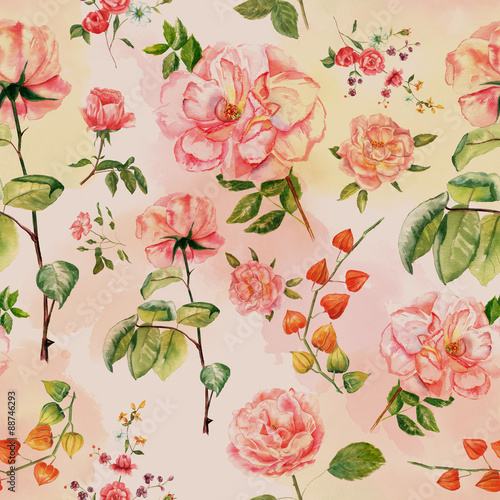 A seamless watercolour pattern of Victorian roses  toned