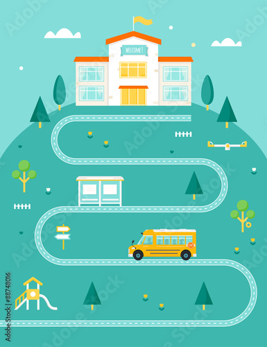 School Bus Taking Kids to School. Rural Landscape with Road, Trees and Bus Stop