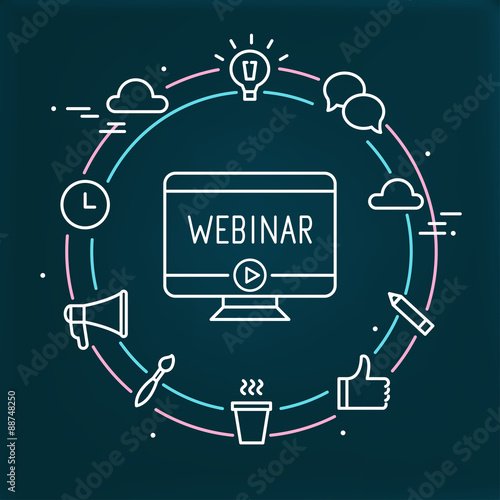 Computer Surrounded by Outline Social Icons. Webinar, Webcast, Livestream, Online Event Illustration