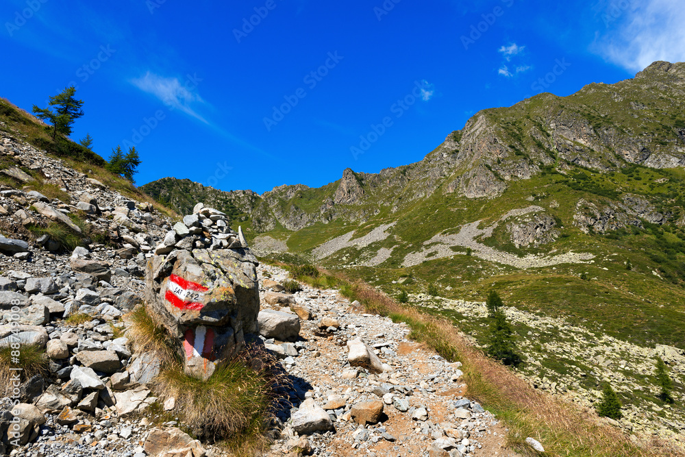 Trail in Mountain - Adamello Trento Italy. Mountain trail to Passo di Campo in the National Park of Adamello Brenta. Trentino Alto Adige and Lombardia, Italy