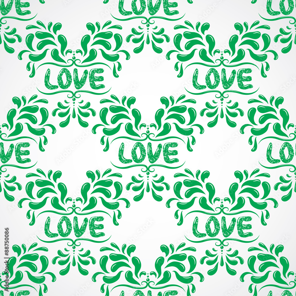 Vector petals seamless pattern element. Heart resembling shapes ornaments with cute love word. Elegant texture for backgrounds. Hand drawn grunge.