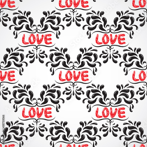 Illustration of seamless abstract black floral vine pattern with love word.