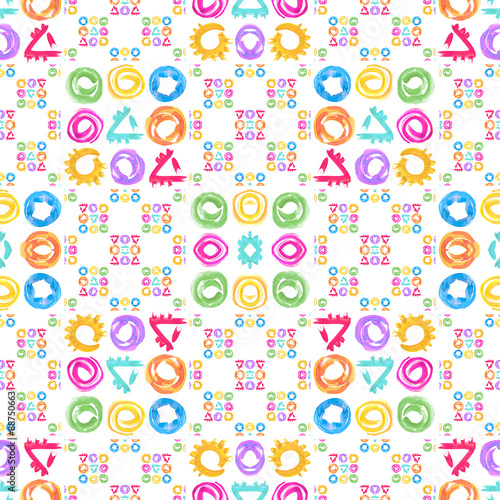Seamless pattern for textile and wallpaper. Set of watercolor geometric shapes in abstract style for your design. Painting color design elements  on white background.Hand drawing brush stroke.