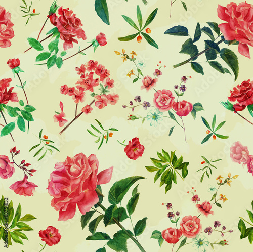Vintage style watercolour roses seamless pattern