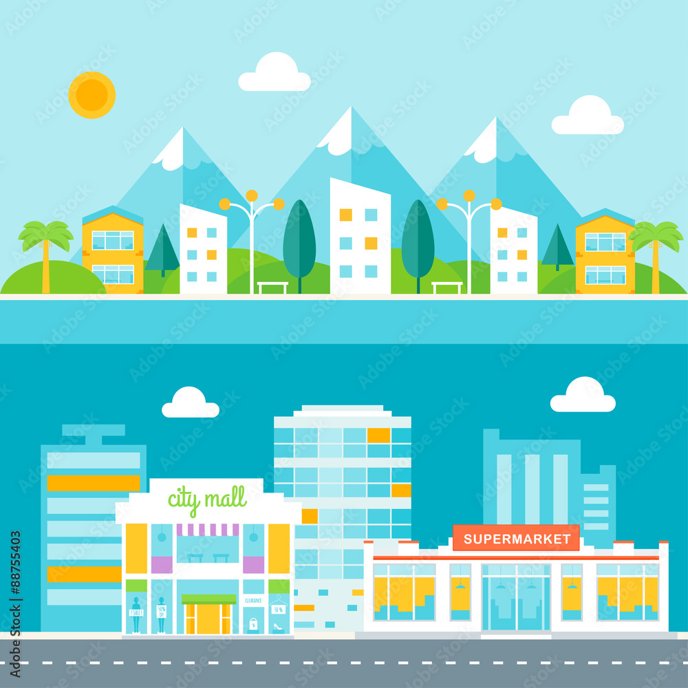 Resort Town and Business City Illustrations. Cityscapes. Flat Design Resort Town and Business City Illustrations. Cityscapes. Flat Design