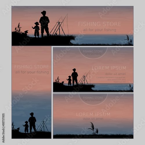 Set of two business card and two banners for fishing store or shop. Father and son. Vector, EPS 10