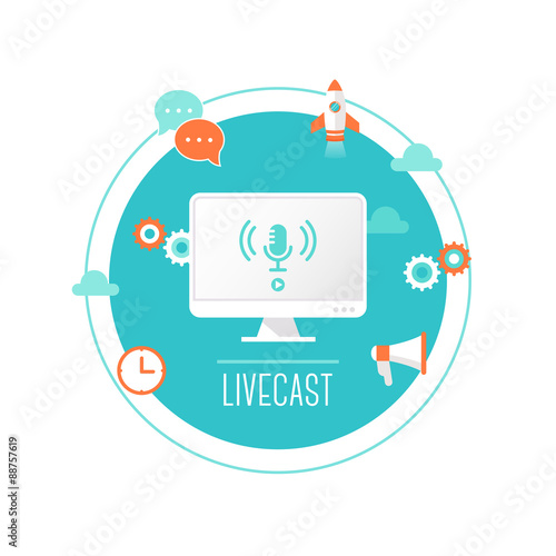 Livecast or Web Stream Illustration. Computer with Microphone Icon on Screen Surrounded by Technology Icons