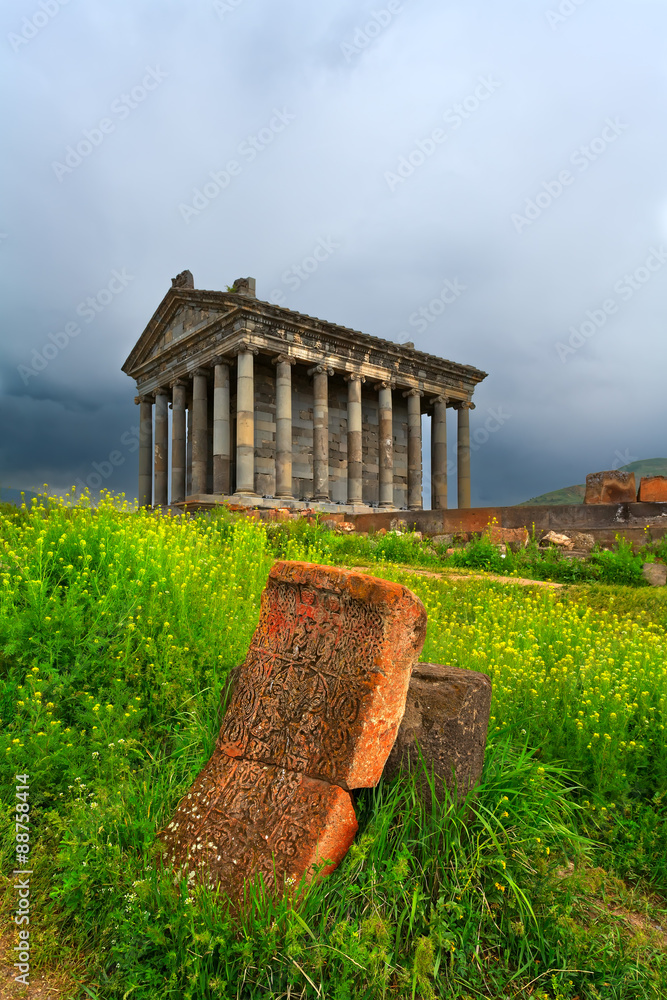 Garni pagan Temple among the green vegetation