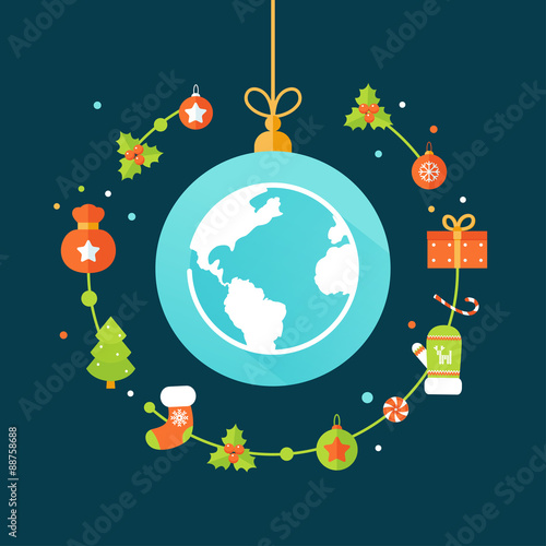 Earth Globe and Christmas Decorations. Christmas and New Year Celebrations Around the World