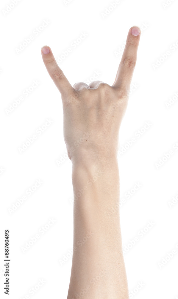 Female hand to create a collage, isolated on white Female hand to create a collage, isolated on white