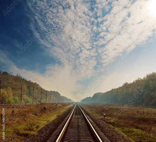 railway to horizon in forest on autumn under clouds in dramatic