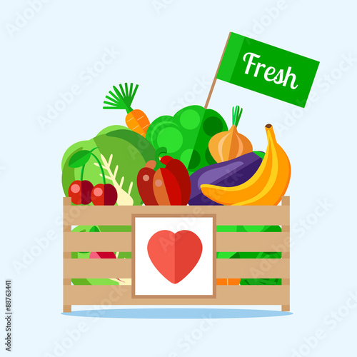 Wooden box with vegetables and fruits in a flat style. The background of fresh, natural foods. Cart with product buy in supermarket. Vector illustration.