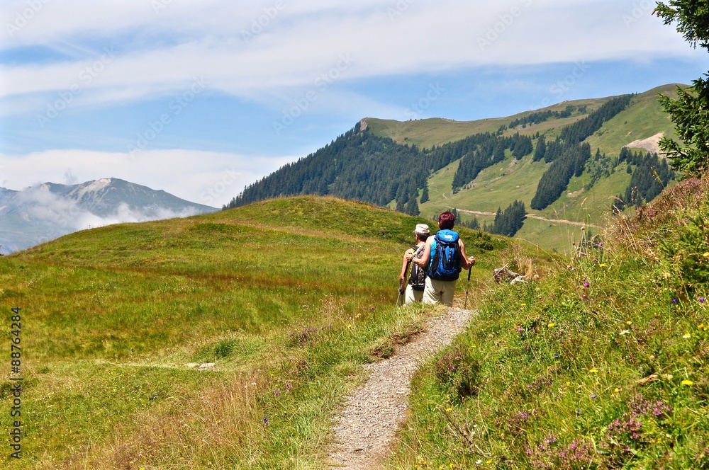 Zwei Wanderer auf Wanderweg in den Schweizer Alpen