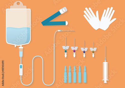 Illustration of  goods for intravenous injections: tourniquet, drop system, syringe, ampoules, cannullas, medical gloves.
