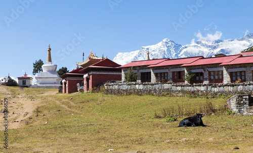 Tengboche monastery building and Kongde mountain ridge. photo