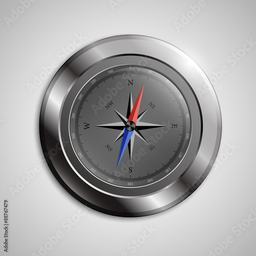Compass with windrose in metallic frame. Vector Illustration.